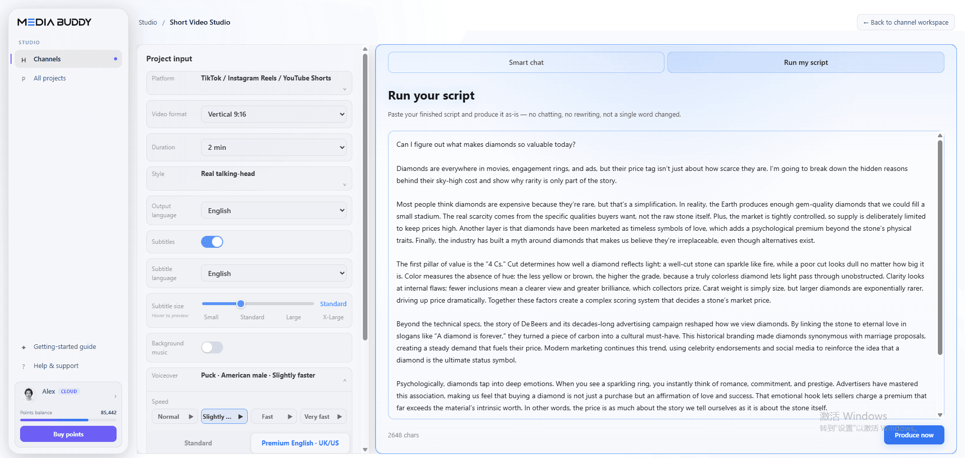 Media Buddy Short Video Studio with a completed script pasted into the input field